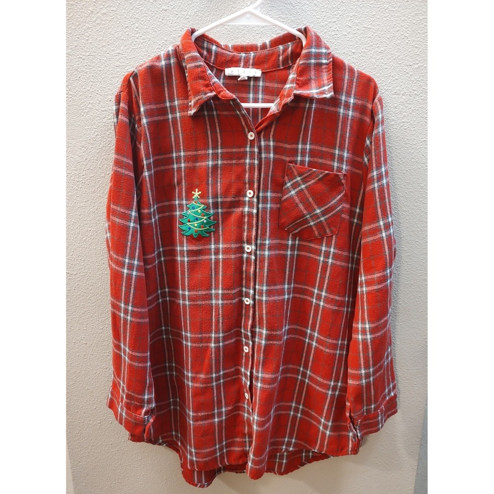 Christmas Flannel Women's Large Upcycled Plaid Button Down Red Santa Shirt  F7